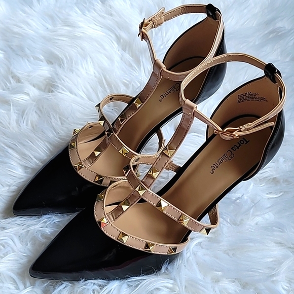Torta Caliente Strappy Studded Stilettos Black Patent Nude Size 9 - Picture 1 of 8